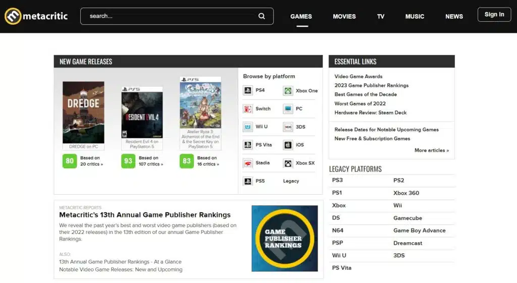 Metacritic Homepage
